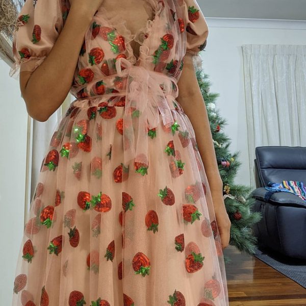 Strawberry sequins mesh dress lace fabric