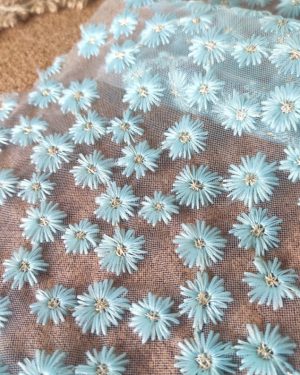 Ivory Light Blue Adorable Daisy Flower Embroidered Tulle Fabric