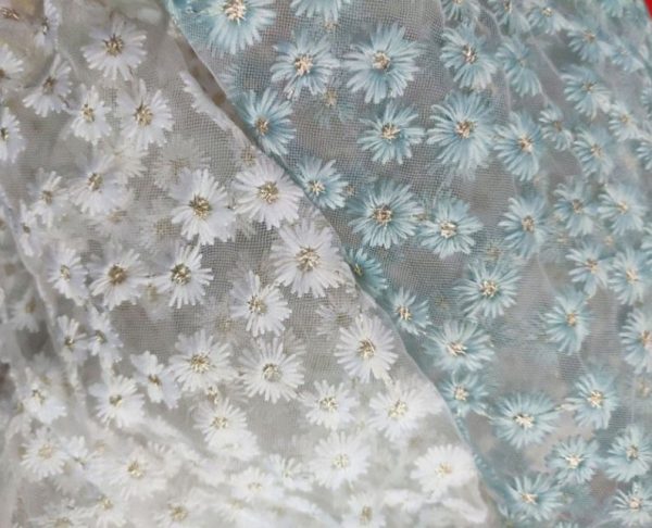 Ivory Light Blue Adorable Daisy Flower Embroidered Tulle Fabric
