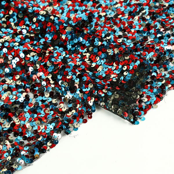 red and blue sequin embroidery reversible Polyester mesh garment fabric