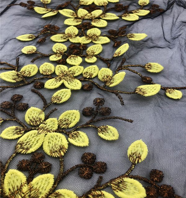 Yellow 3d leaves Embroidered Designer Dress lace Fabric