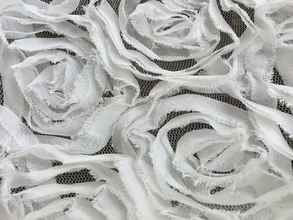 Off White Luxury 3D Rose Blossom Flower Chiffon Haute Designer Lace Dress Fabric