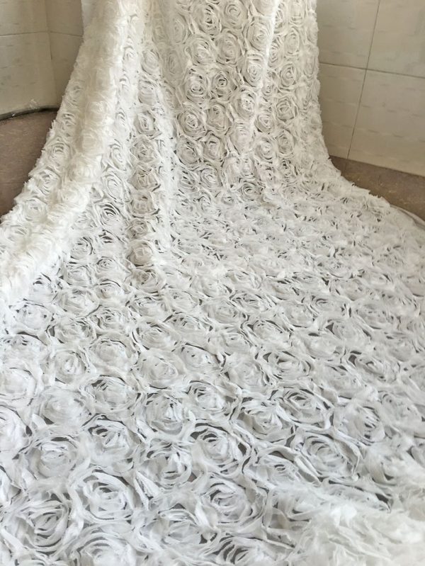 Off White Luxury 3D Rose Blossom Flower Chiffon Haute Designer Lace Dress Fabric