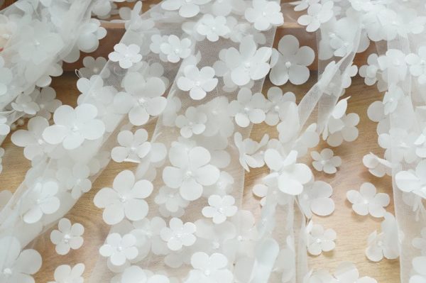 Off White 3D Blossom Flower Tulle Designer Dress Lace Fabric