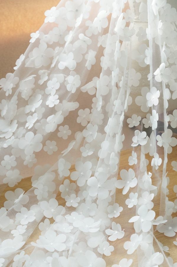 Off White 3D Blossom Flower Tulle Designer Dress Lace Fabric 