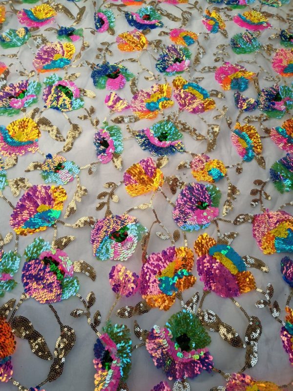 3D Floral Colorful Embroidery Sequin Mesh Vintage Wedding Dress Lace Fabric