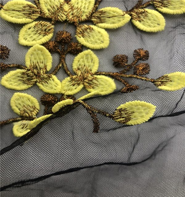 Yellow 3d leaves Embroidered Designer Dress lace Fabric
