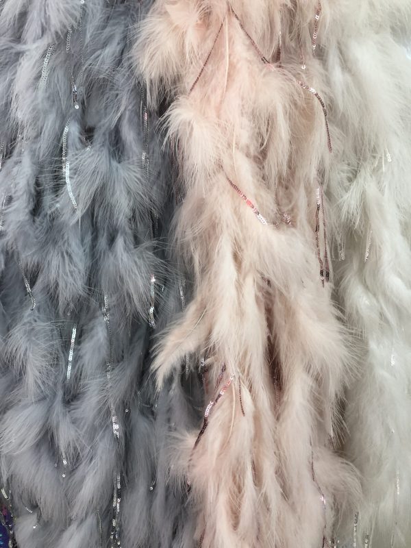 Luxury Premium Grey Feathers lace fabric with Shinning Tassels Fabric