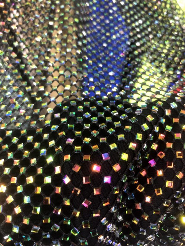 AB Iridescent square diamond Rhinestones On Soft Stretch Fish Net Fabric