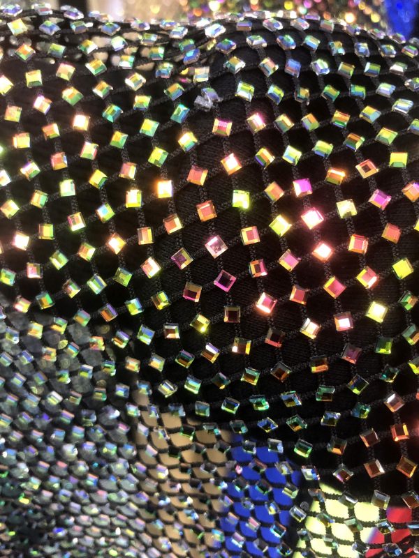 AB Iridescent square diamond Rhinestones On Soft Stretch Fish Net Fabric