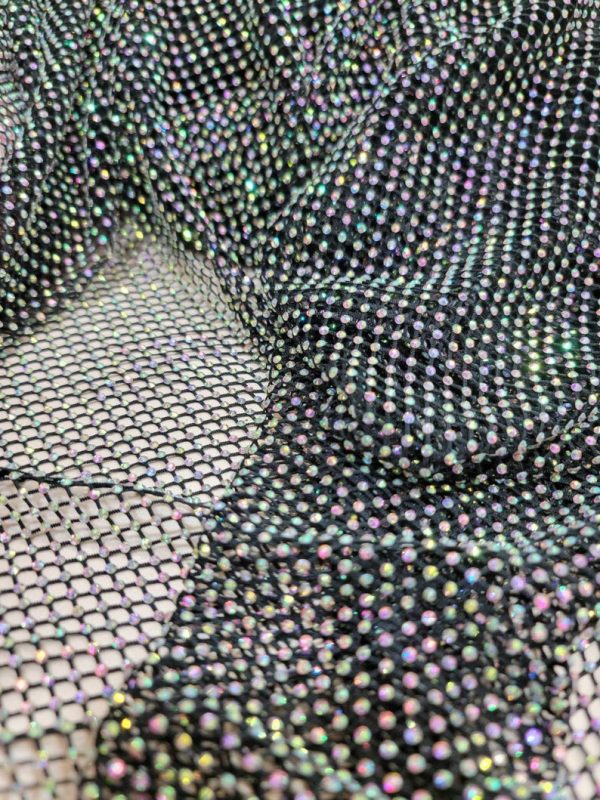 Black Iridescent diamond Rhinestones Soft Stretch Fish Net Fabric
