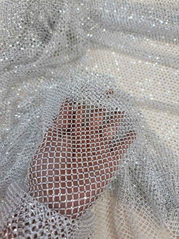 White Beaded Fish Net Fabric AB Crystal Beads Silver diamond Rhinestones Soft Stretch Fish Net Fabric