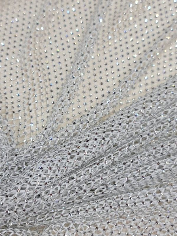 White Beaded Fish Net Fabric AB Crystal Beads Silver diamond Rhinestones Soft Stretch Fish Net Fabric