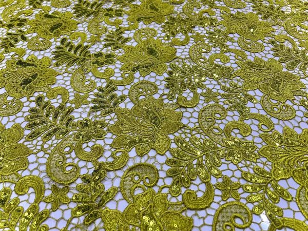 yellow with Gold Sequins African Cord Lace Fabric
