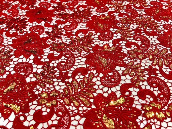 Red with Gold Sequins African Cord Lace Fabric