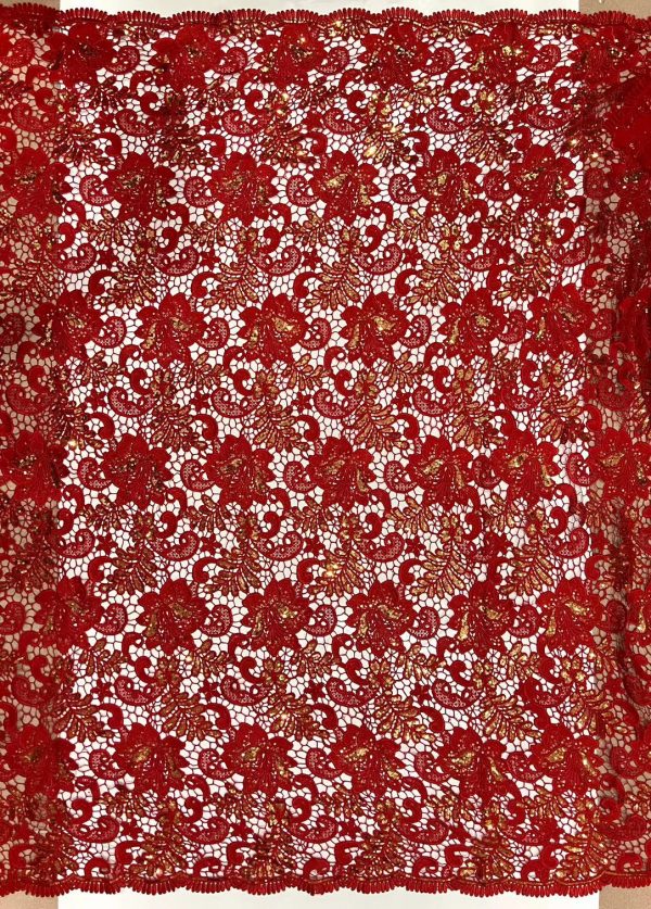 Red with Gold Sequins African Cord Lace Fabric
