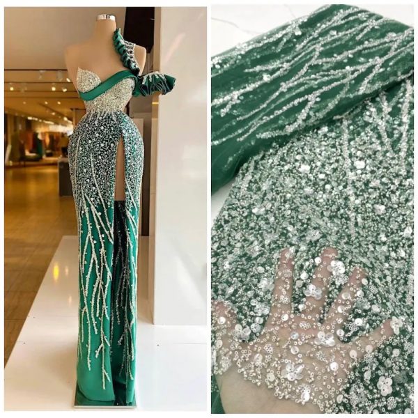 Luxury Sequence Beaded Green Mesh Lace Fabric