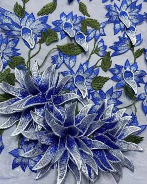 3D Leaves Applique Embroidery African Wedding Party Dress lace Fabric Nigeria Royal blue Embroidery Dress Net Fabric