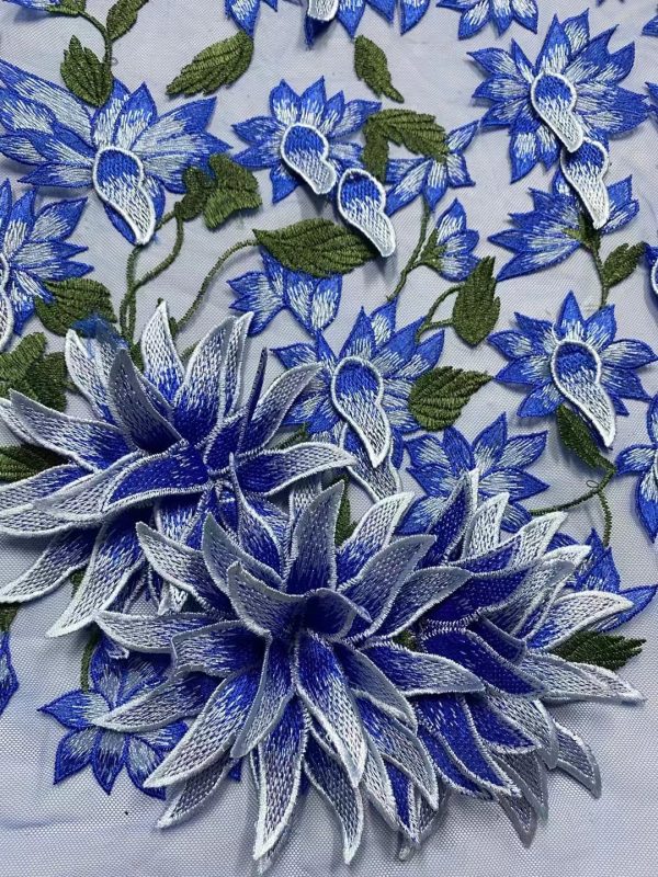 3D Leaves Applique Embroidery African Wedding Party Dress lace Fabric Nigeria Royal blue Embroidery Dress Net Fabric