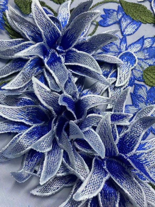 3D Leaves Applique Embroidery African Wedding Party Dress lace Fabric Nigeria Royal blue Embroidery Dress Net Fabric